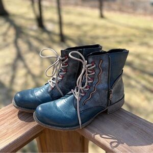 Rieker Two-Tone Blue Lace-Up Ankle Boots with Side Zipper